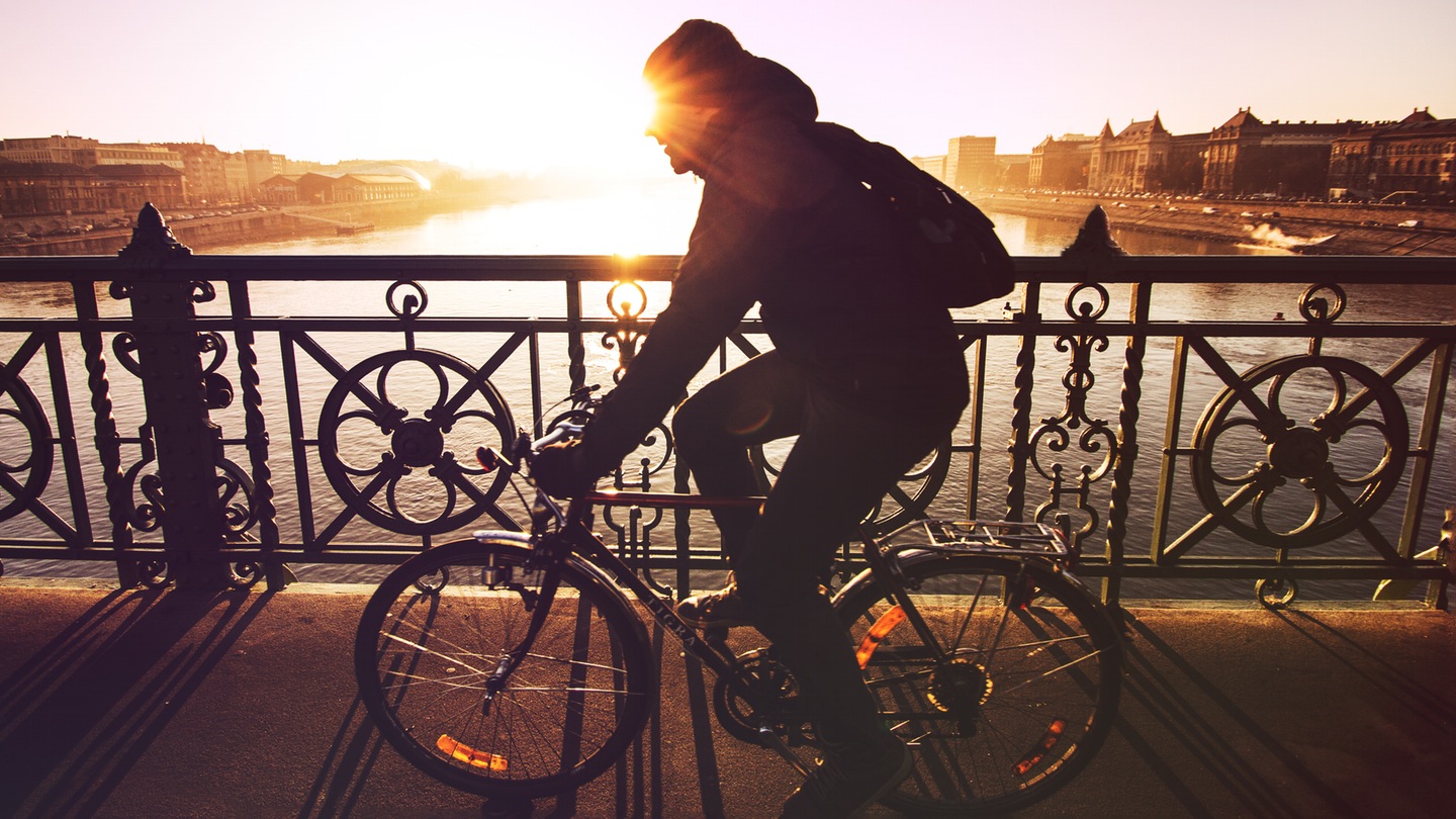 Cyclist crossing Budapest’s Liberty Bridge above the Danube